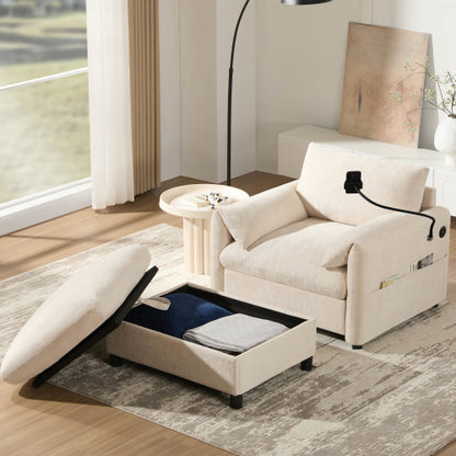 37 inch  Chenille Single Sofa Chair, Storage Ottoman, Dual Charging Ports, Phone Holder