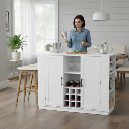 U_Style 47.2inch   Bar Table with Drop Leaf & Power Outlet, Wine Bar Cabinet with Bottle Rack & Glass Holder, Coffee Bar, 2-Door Buffet Sideboard with Side Shelves, Melamine MDF (Chairs Not Included)