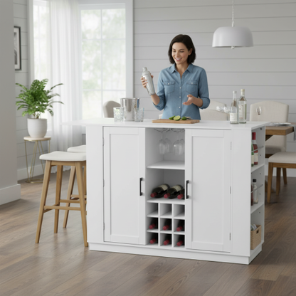 U_Style 47.2inch   Bar Table with Drop Leaf & Power Outlet, Wine Bar Cabinet with Bottle Rack & Glass Holder, Coffee Bar, 2-Door Buffet Sideboard with Side Shelves, Melamine MDF (Chairs Not Included)