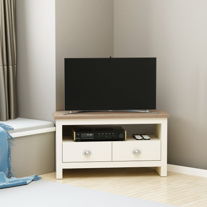 37.5 Inch White Trapezoidal Corner TV Stand for 50 Inch TV with Drawers & Open Compartment