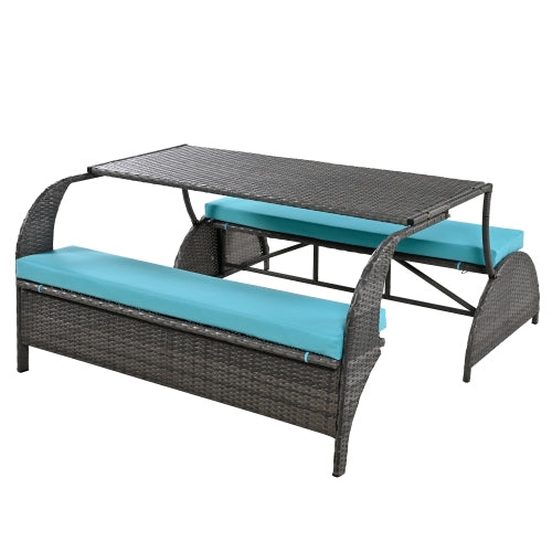 U_STYLE 2-in-1 Convertible Picnic Upholstered Bench Table,57.1" Outdoor Loveseat,Portable Picnic Table Couch,Convertible To 4 Seats&1 Table,For Garden,Lawn,Backyard,Porch,Patio