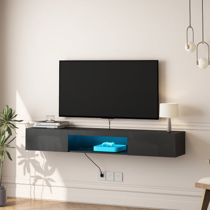 63 Inch Black Wall-Mounted Floating LED TV Stand 16 Color Light Media Cabinet Holds TV Up To 65 Inch