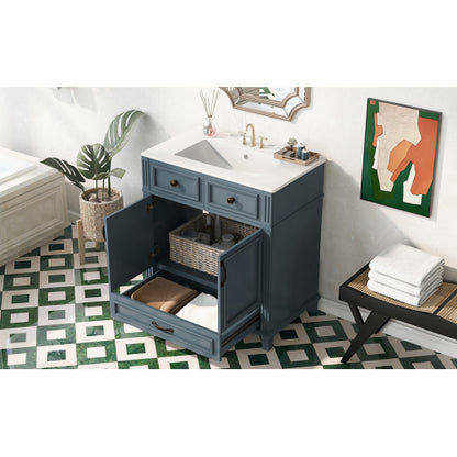 30'' Bathroom Vanity with Ceramic Sink,Solid Wood Frame Bathroom Storage Cabinet with Soft Closing Doors,Retro Style, Blue