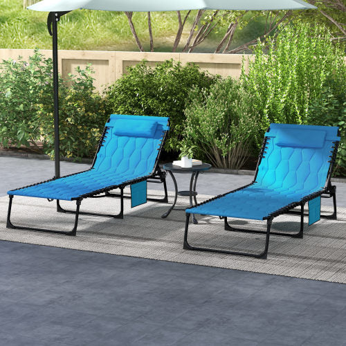 Outsunny Folding Chaise Lounge Set with 5-level Reclining Back, Outdoor Lounge Tanning Chair with Padded Seat, Side Pocket & Headrest for Beach, Yard, Patio, Sky Blue