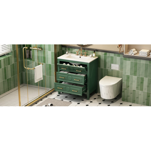 30'' Bathroom Vanity with Ceramic Sink Combo, Free Standing Single Vanity Set with 3 Drawers, Solid Wood Frame Bathroom Storage Cabinet, Green
