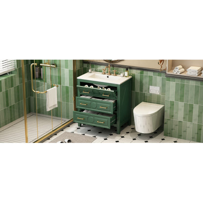 30'' Bathroom Vanity with Ceramic Sink Combo, Free Standing Single Vanity Set with 3 Drawers, Solid Wood Frame Bathroom Storage Cabinet, Green
