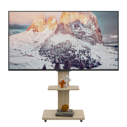 Natural Mobile TV Cart with Lockable Wheels, Height Adjustable Floor TV Stand for 32-75 Inch TV