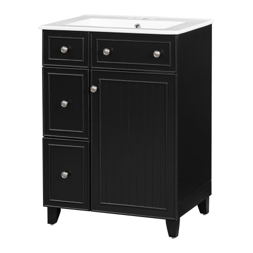 24-Inch Bathroom Vanity Cabinet with Ceramic Sink, 2 Drawers, 1 Door