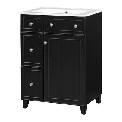 24-Inch Bathroom Vanity Cabinet with Ceramic Sink, 2 Drawers, 1 Door