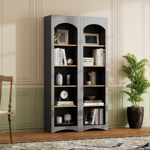 72''H Grey Farmhouse 5-Tier Combined Bookshelf Adjustable Shelf Home Pantry Storage Cabinet Set