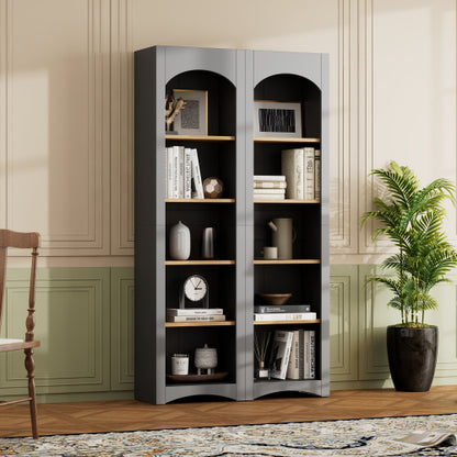 72''H Grey Farmhouse 5-Tier Combined Bookshelf Adjustable Shelf Home Pantry Storage Cabinet Set