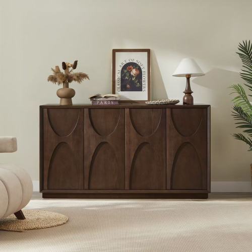4 Door Accent Cabinet with Carved Wood Doors Adjustable Shelves and Cable Management