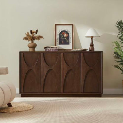 4 Door Accent Cabinet with Carved Wood Doors Adjustable Shelves and Cable Management