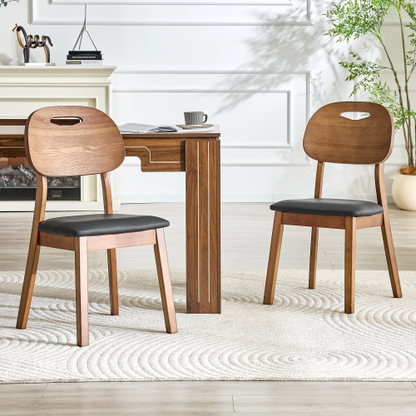 Set of 2 Walnut Solid Wood Dining Chairs, Hollow Back Chairs with Black PU Seat Cushion