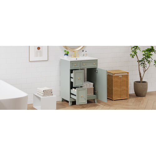 24-Inch Bathroom Vanity Cabinet with Ceramic Sink, 2 Drawers, 1 Door