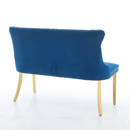 Velvet Double Dining Loveseat Bench, Kitchen & Dining Seating, 2-Seat Tufted Bench w/Handmade Buttons, Wing Back, Gold-Plated Steel Legs, Mid Century Modern,Single Pack,Blue