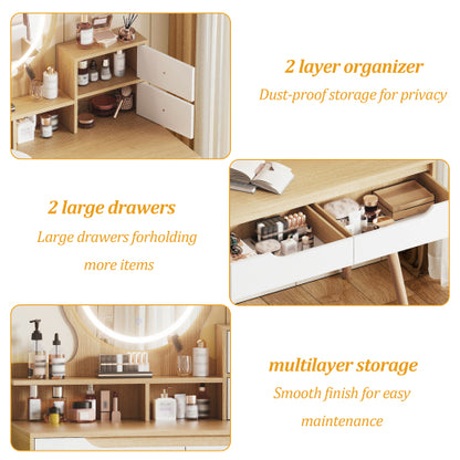 Makeup Vanity Desk with 3 Adjustable Lighted Mirror with solid wood table feet , Dressing Table Set with 4 drawers and 3 open shelves  for Small space Bedroom