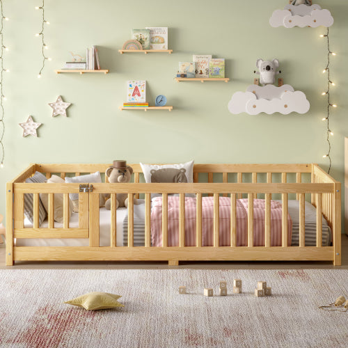 Twin Size Bed Floor Bed with Safety Guardrails and Door for Kids, Natural