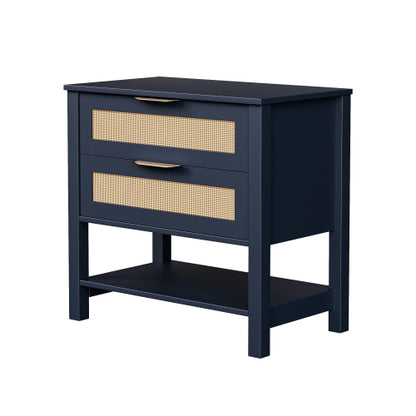 Boho Rattan Nightstand with 2 Drawers & Open Shelf