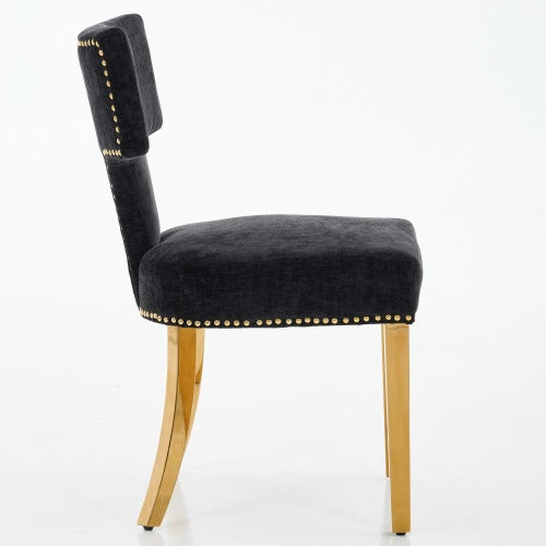 Set of 2 Black Mid-Century Farmhouse Dining Chairs, Copper Nail Curved Back Golden Plated Stainless Steel Legs 300lbs Capacity