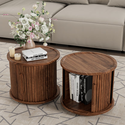 2 Pack Walnut Nesting Round Tables, Fluted Roman Column Design with Sliding Door