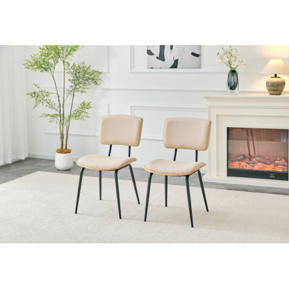 Mid-Century Faux Leather Dining Chairs Set of 2, Walnut Veneer Backrest & Metal Legs, White