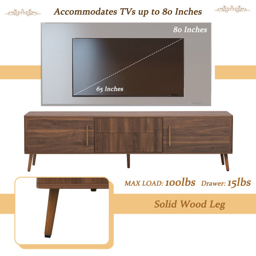 70.8 Inch Walnut Mid-Century Wood Grain TV Stand 2 Drawer Media Console Up To 80 Inch TV
