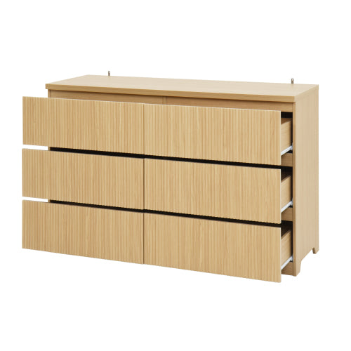 Modern Natural Wood 6 Drawer Dresser, Wave Panel Drawer Fronts, Storage Cabinet, Versatile Chest of Drawers for Bedroom, Living Room - Sleek & Spacious Home Storage Solution