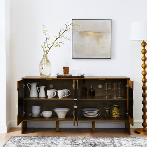 60 inch Mid Century Modern Sideboard Buffet Cabinet with Storage, TV Media Console, Storage Cabinet with Geometric Pattern & Adjustable Shelves for Kitchen Dining Living Room Entryway Hallway, Walnut