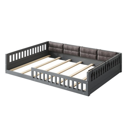 Wood Full Size Upholstered Platform Bed with Guardrail and Pillow, Gray