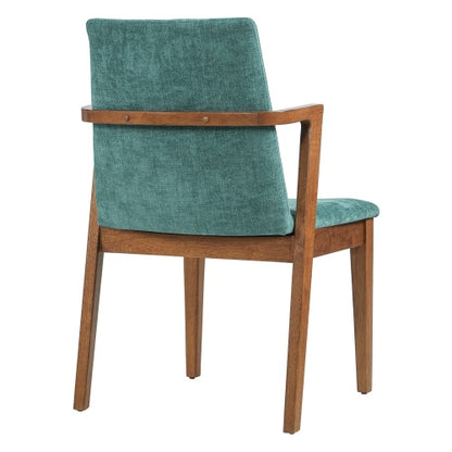 Set of 2 Mid-Century Green Fabric Arm Dining Chairs, Walnut Rubber Wood Frame 250lbs Capacity