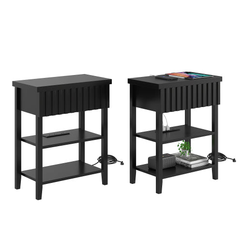 Black Fluted Nightstand Set of 2 with Charging Station, 20.1inchL*11.3inchW*25.3inchH