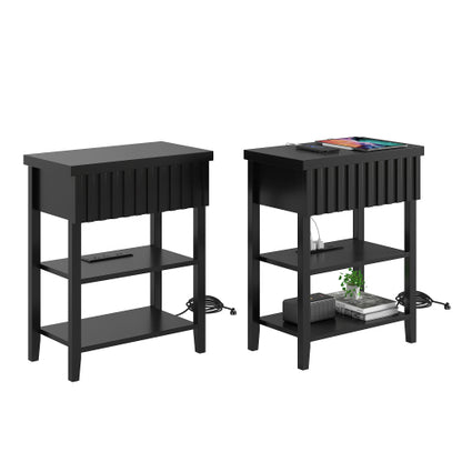 Black Fluted Nightstand Set of 2 with Charging Station, 20.1inchL*11.3inchW*25.3inchH