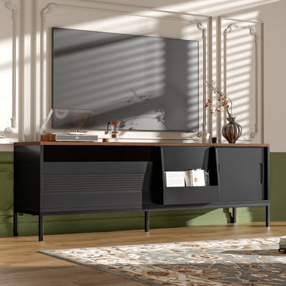 Mid Century Modern 75 Inch TV Stand with Sliding Doors Walnut Console