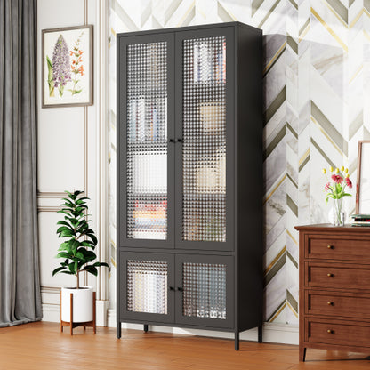 Black Waffle Tempered Glass Door Metal Display Cabinet Multi-layer Home Storage Rack