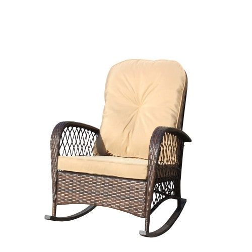 Outdoor Wicker Rocking Chair with Wide Seat, Thick, Soft Cushion, Rattan Rocker w/Steel Frame, High Weight Capacity for Patio, Garden, Backyard, Shallow brown Cushion