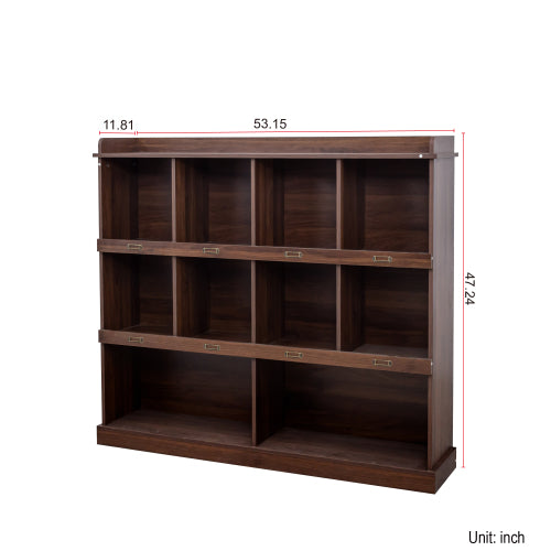 Walnut 10-Shelf Bookcase Cubby Storage Organizer Display Cabinet
