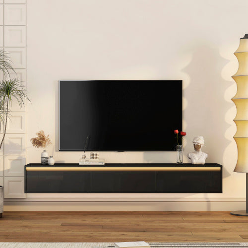 Black Wall Mount High Gloss Floating TV Cabinet with Touch LED Strip & Power Outlet