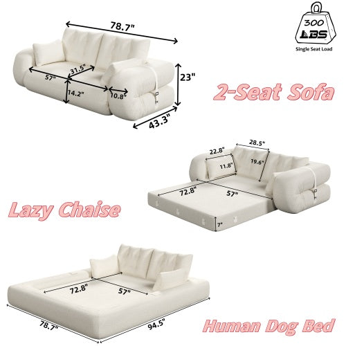 Grey 78.7 inch  Sherpa Fleece 3-in-1 Foldable Convertible Floor Sofa Bed