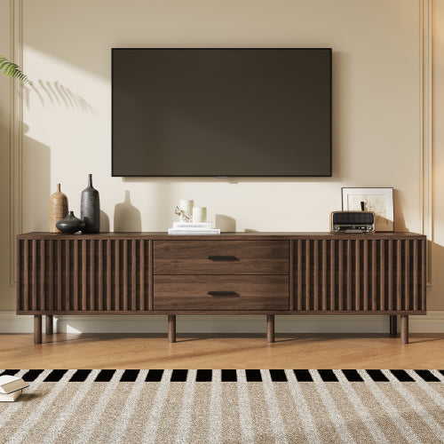 70.8 inch Dark Brown Slatted TV Stand Solid Pine Leg Media Console Fits Up To 80 Inch TV