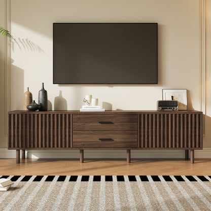 70.8 inch Dark Brown Slatted TV Stand Solid Pine Leg Media Console Fits Up To 80 Inch TV