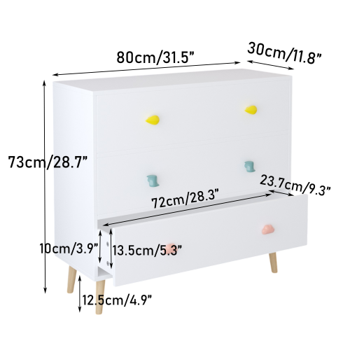 Kids 3 Drawer Dresser, Baby Nightstand Storage Cabinet, White Nursery Chest with Cartoon Pulls for Toddler Bedroom