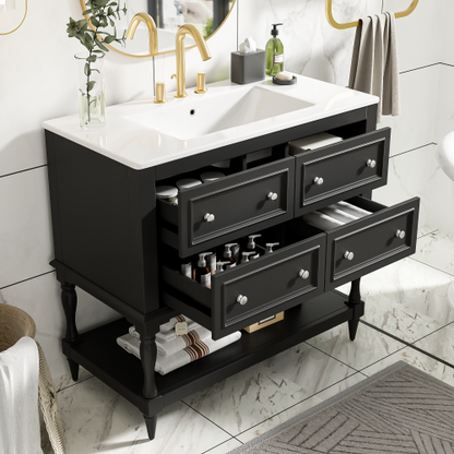 36" Bathroom Vanity Cabinet with Sink Combo Set, Undermount Ceramic Sink, Free Standing Vanity Set with 4 Drawers, Solid Wood Frame Bathroom Cabinet, Black