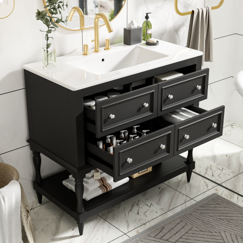 36" Bathroom Vanity Cabinet with Sink Combo Set, Undermount Ceramic Sink, Free Standing Vanity Set with 4 Drawers, Solid Wood Frame Bathroom Cabinet, Black