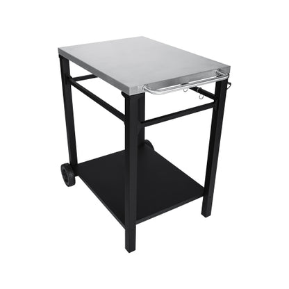 2-Tier Outdoor Grill Cart with Stainless Steel Top, Large Wheels & Tool Hooks, Movable BBQ Prep Table, Rolling Serving Bar Cart for Patio, Backyard, Pizza Oven Stand, Black