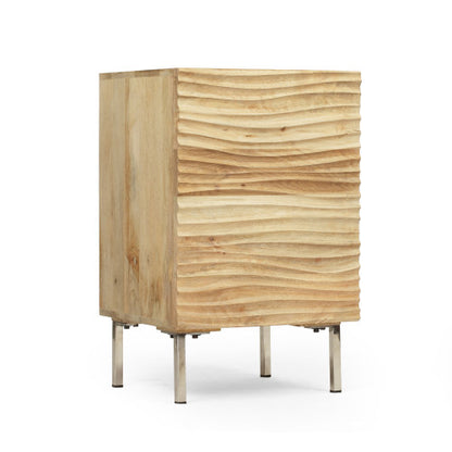 Modern Mango Wood Nightstand with Cabinet Door, 1 Shelf Bedside Table, Handmade Accent Side Table with Iron Legs