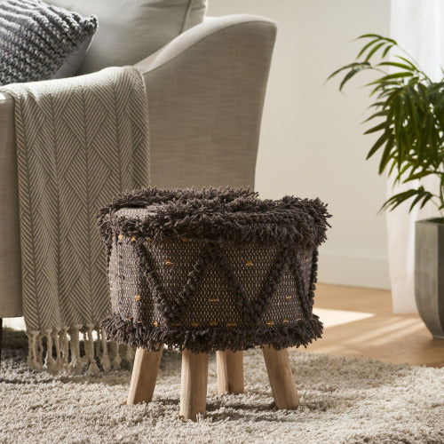 Handcrafted Wool & Cotton Boho Foot Stool Ottoman, Tufted with Metal Accents