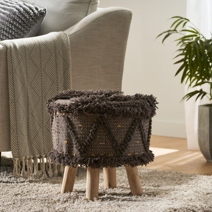 Handcrafted Wool & Cotton Boho Foot Stool Ottoman, Tufted with Metal Accents