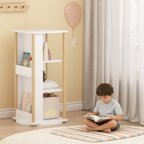 White & Natural 3-Tier 360¡ã Rotating Kids Bookshelf with Chalkboard, Toddler Toy Storage Rack 15.75¡Á15.75¡Á34.84 Inch