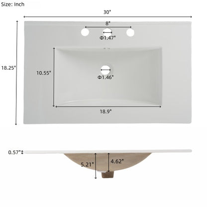 30" Modern Bathroom Vanity with Ceramic Sink, Bathroom Vanity Cabinet with Tempered Blurred Glass and Matte Black Handles, Equipped with Large Storage Space and Rubber Wood Frame, White